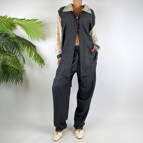 Vintage 90s Grunge Gray Pin Stripe Oversized Pantsuit Blazer & Trousers / Sz: M - Picture 6 of 9